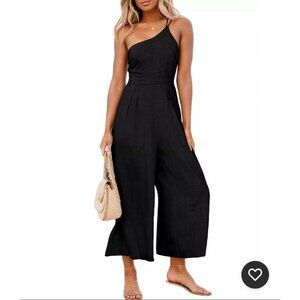One Shoulder Linen Jumpsuit‎ Romper Large Wide Leg Vacation Tropical Cruise